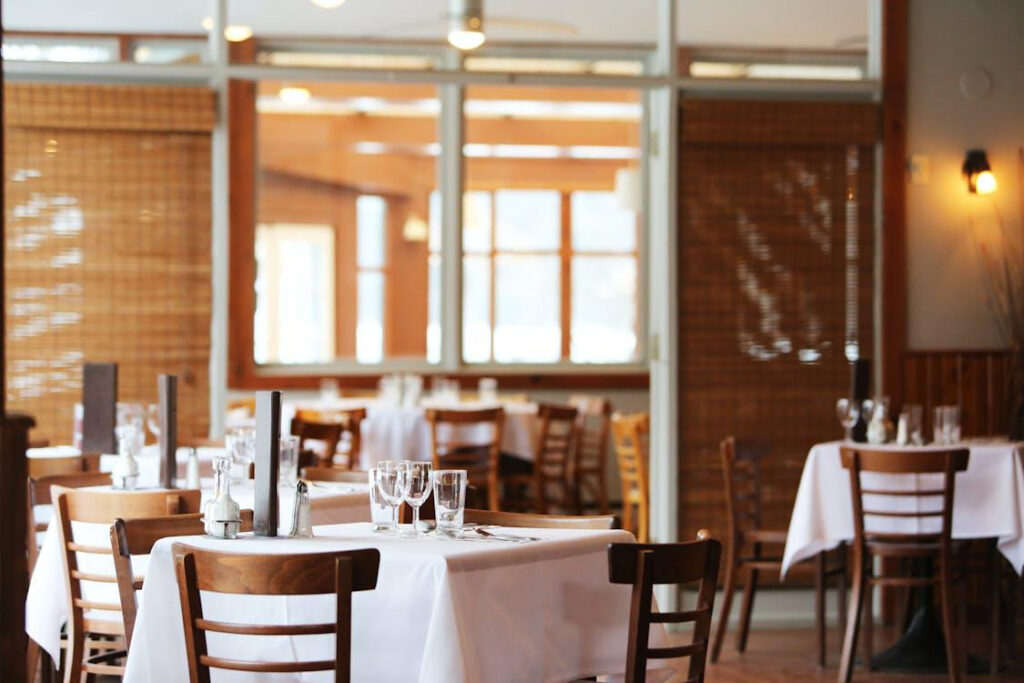 A restaurant with brown interior